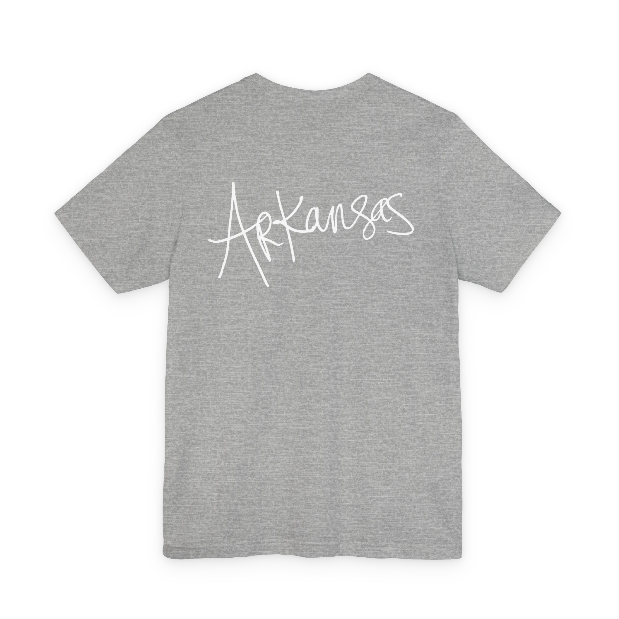 Natural Arkansas tee, athletic heather, bold white handwritten Arkansas script, back view.