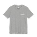 Natural script tee, athletic heather grey, front chest bold white text that says, “Natural."