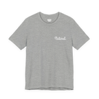 Natural script tee, athletic heather grey, front chest bold white text that says, “Natural."