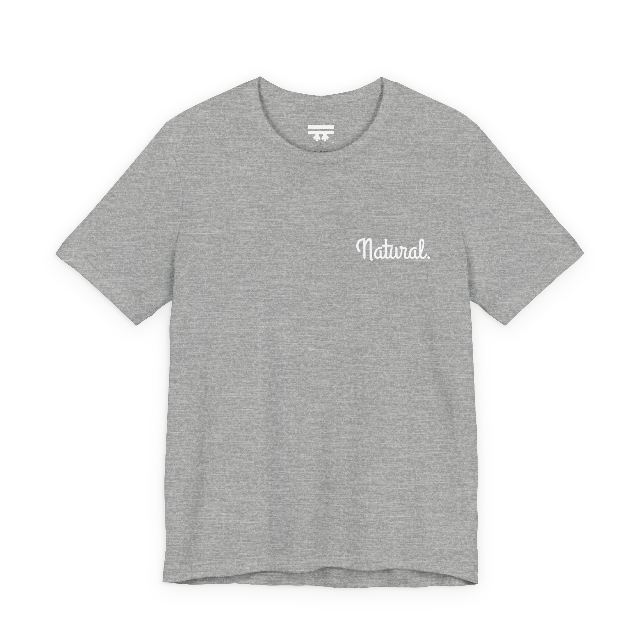 Natural script tee, athletic heather grey, front chest bold white text that says, “Natural."
