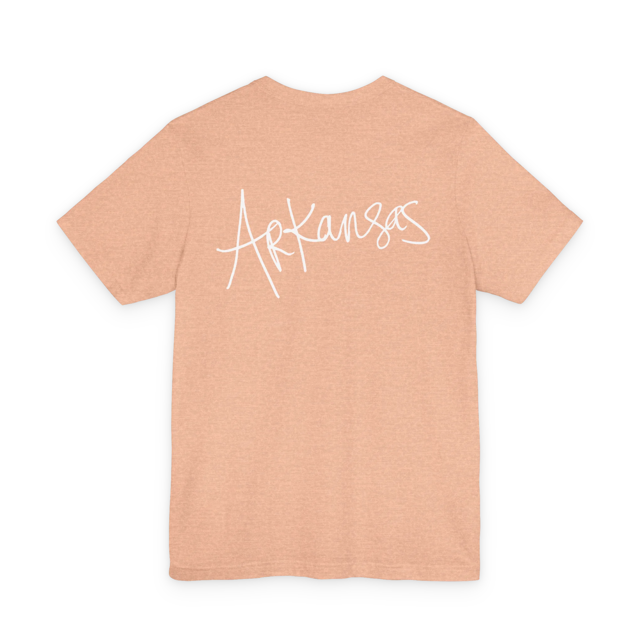 Natural Arkansas tee, heather peach, bold white handwritten Arkansas script, back view.