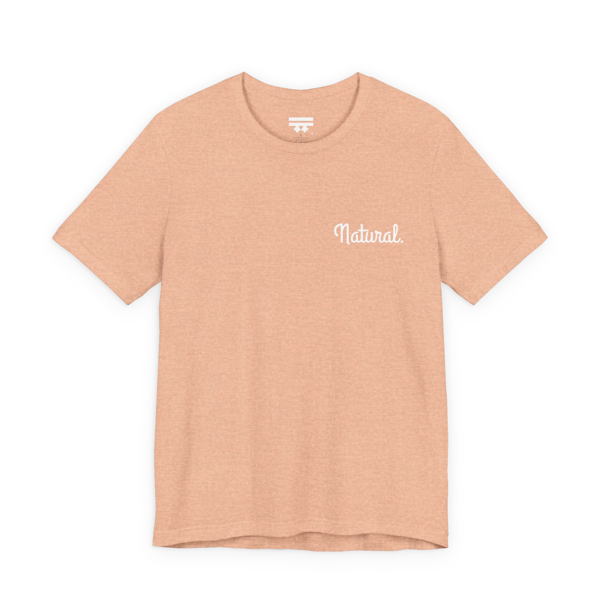 Natural script tee, heather peach, front chest bold white text that says “Natural."