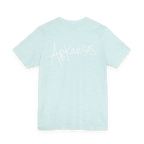 Natural Arkansas tee, heather prism ice blue, bold white handwritten Arkansas script, back view.