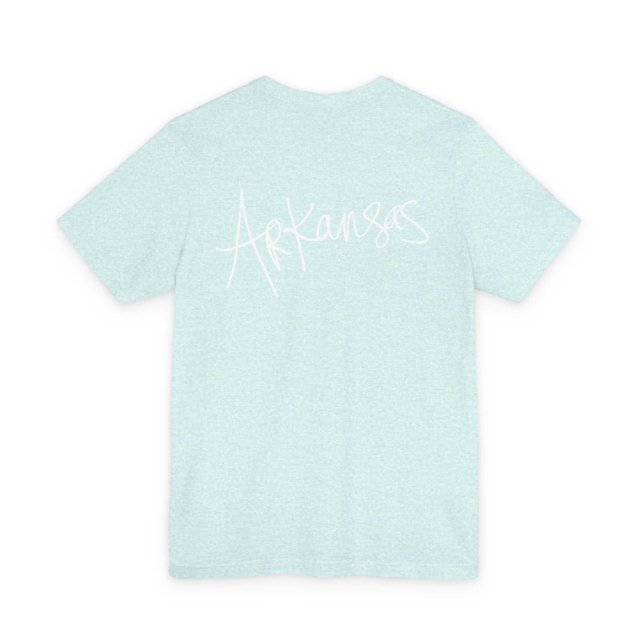 Natural Arkansas tee, heather prism ice blue, bold white handwritten Arkansas script, back view.