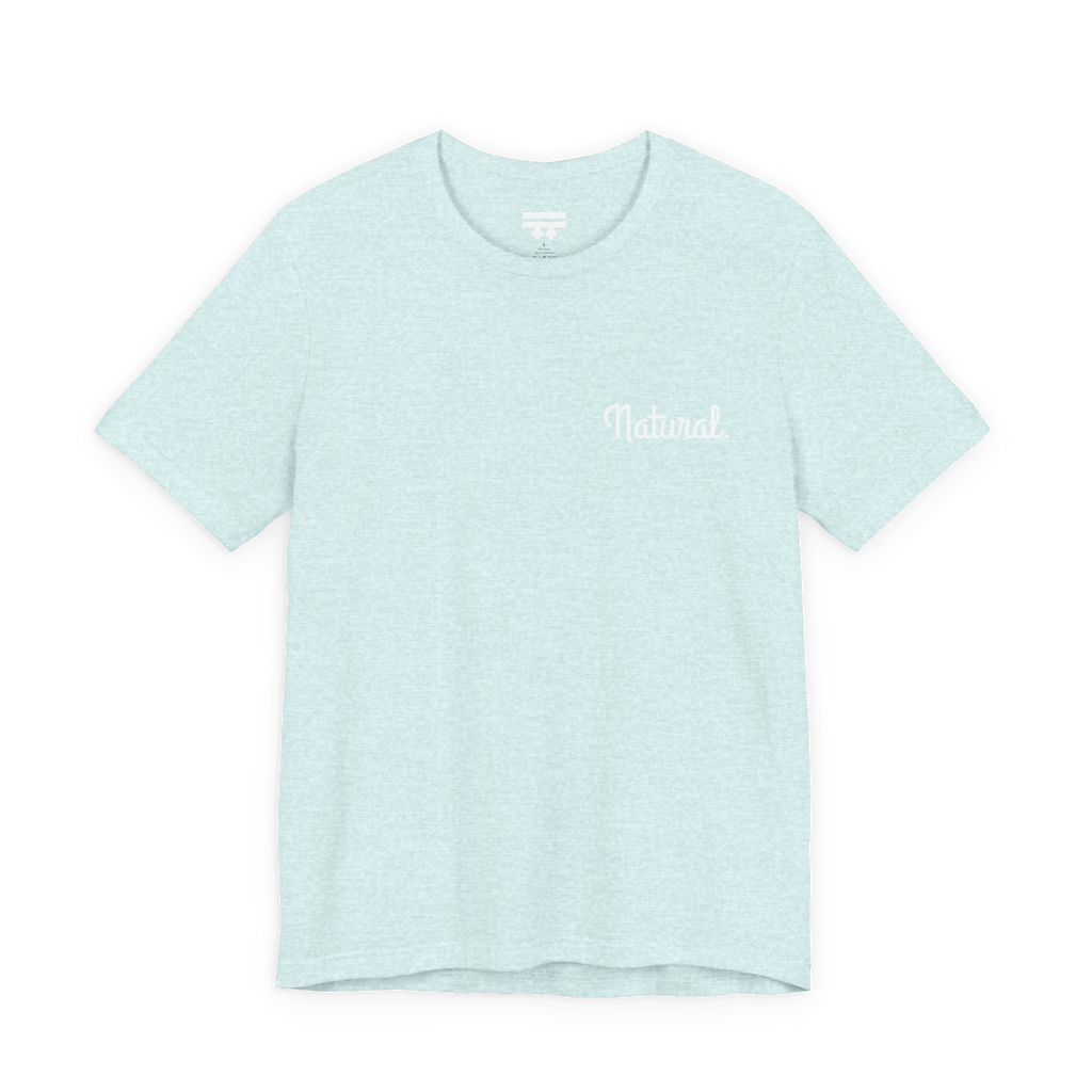 Natural script tee, heather prism ice blue, front chest bold white text that says, “Natural.”