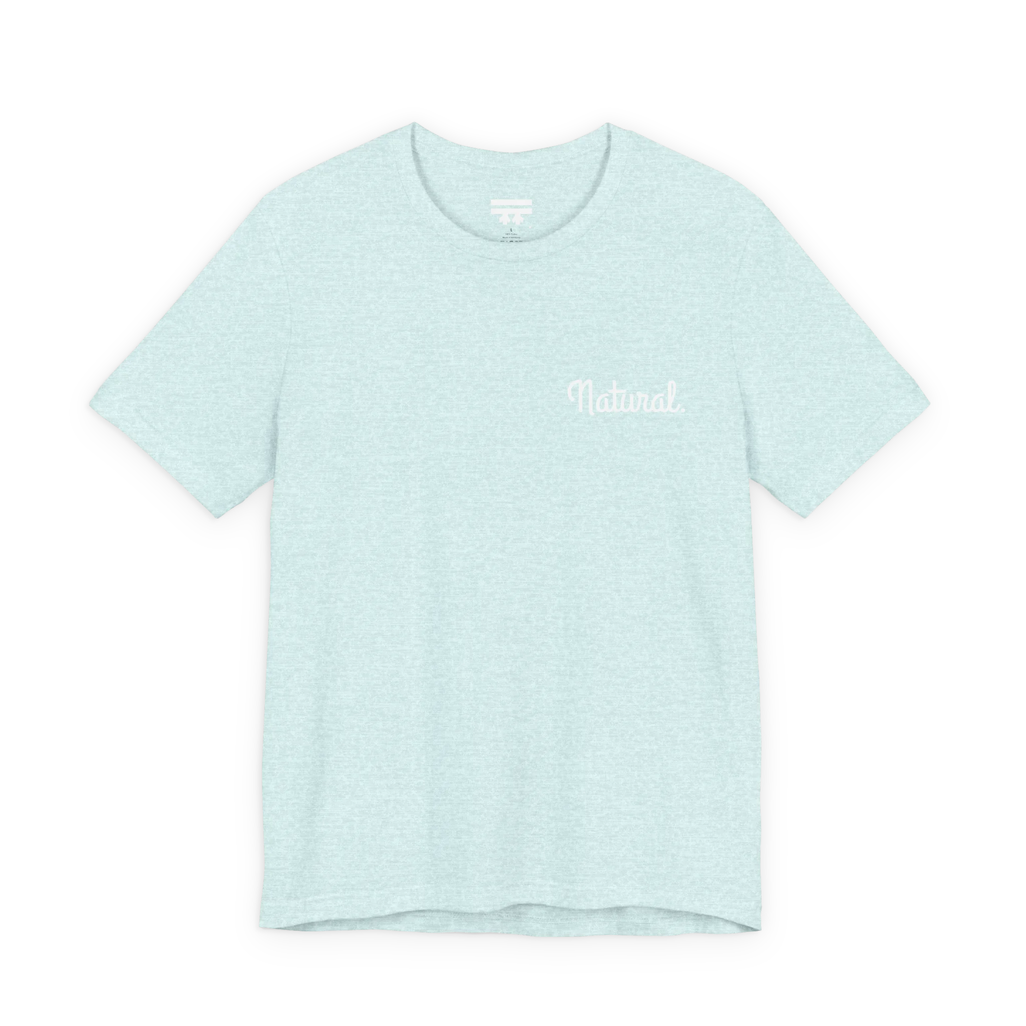 Natural script tee, heather prism ice blue, front chest bold white text that says, “Natural.”