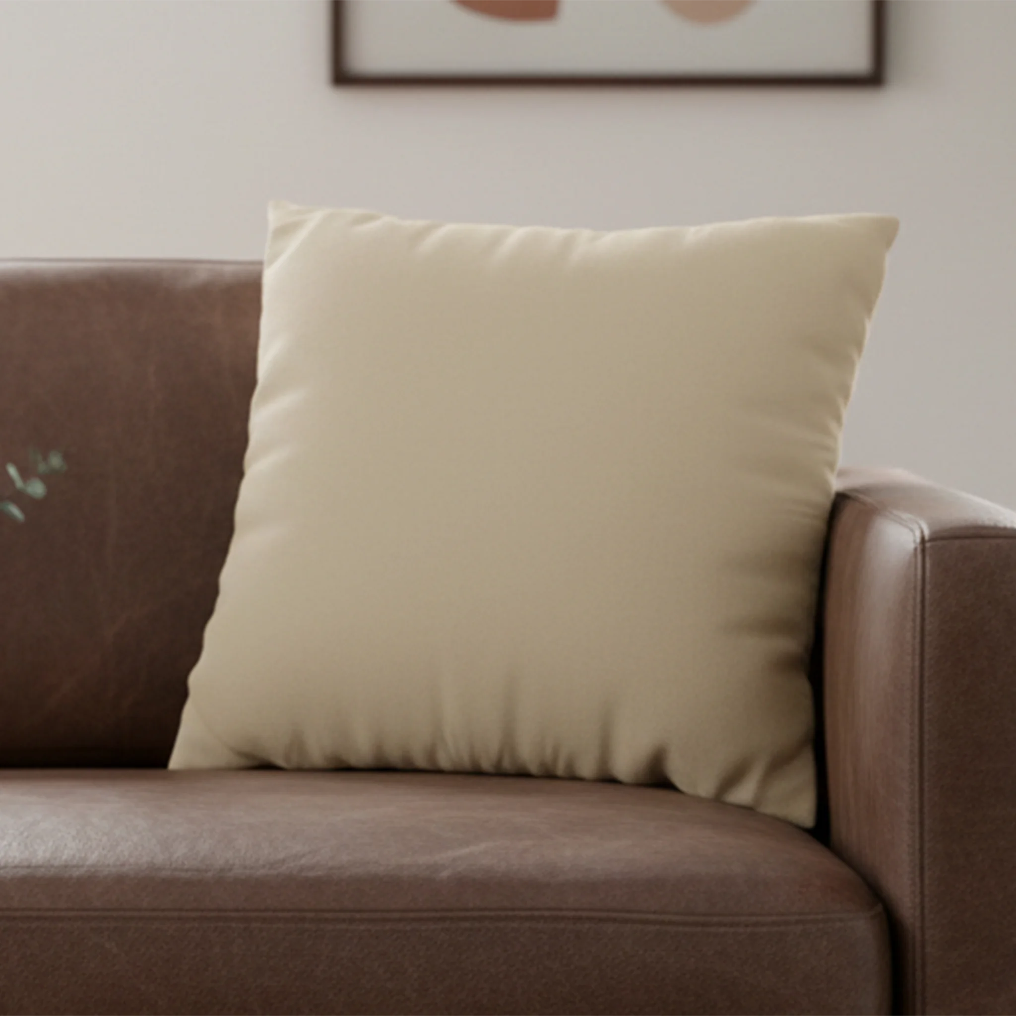 Natural Jute faux suede pillow case styled on a couch in a modern living room. 