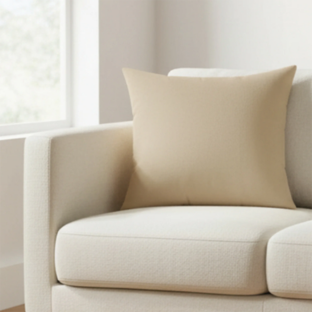 Natural jute faux suede pillow styled on sofa, warm beige neutral home decor.