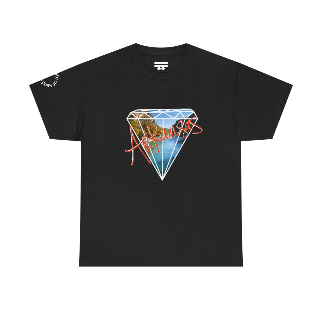 A black t-shirt with a white diamond graphic, Arkansas river photo fill, red 'Arkansas' script, and 'Natural State of Mind' sleeve text.