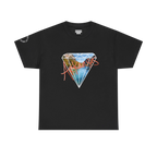 A black t-shirt with a white diamond graphic, Arkansas river photo fill, red 'Arkansas' script, and 'Natural State of Mind' sleeve text.