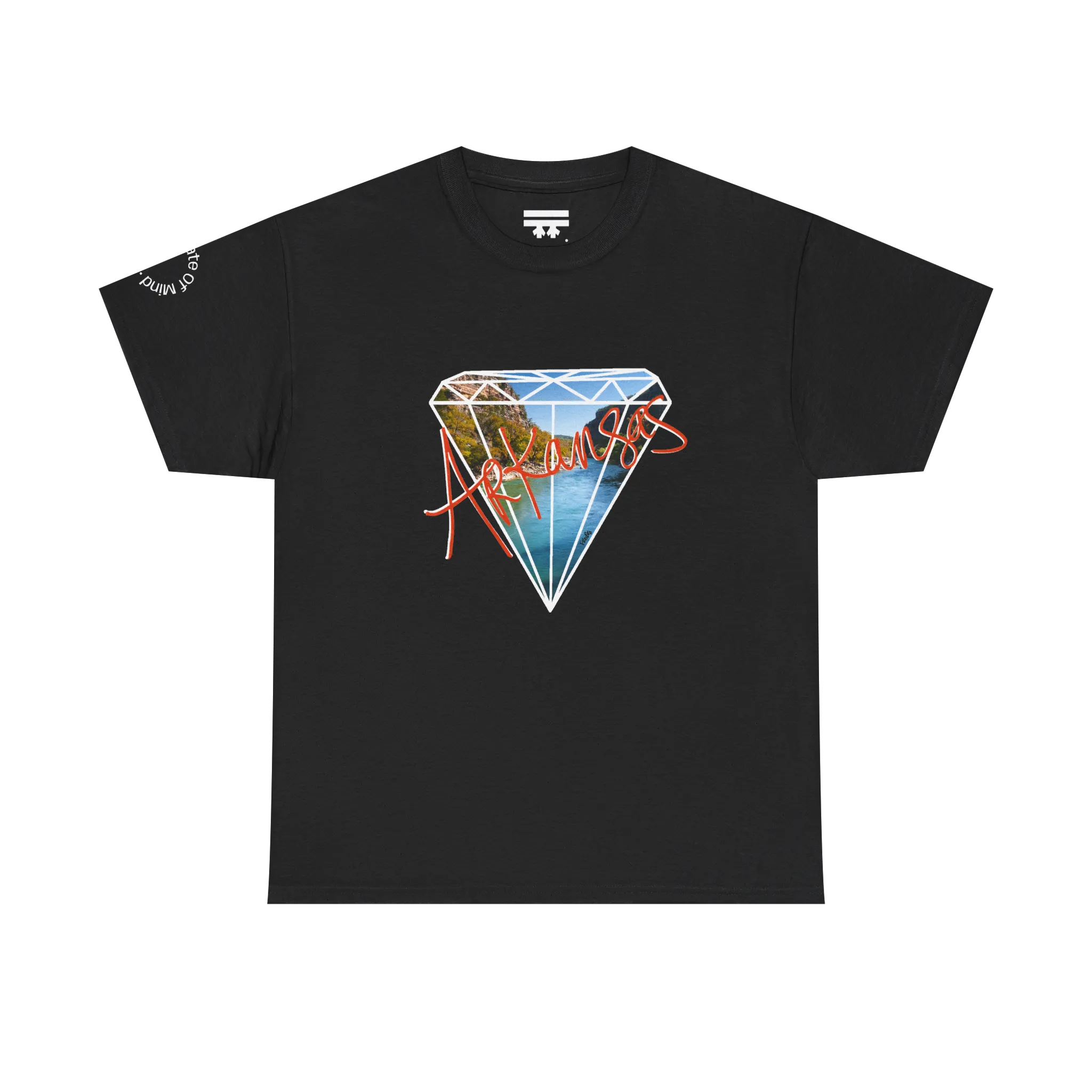 A black t-shirt with a white diamond graphic, Arkansas river photo fill, red 'Arkansas' script, and 'Natural State of Mind' sleeve text.