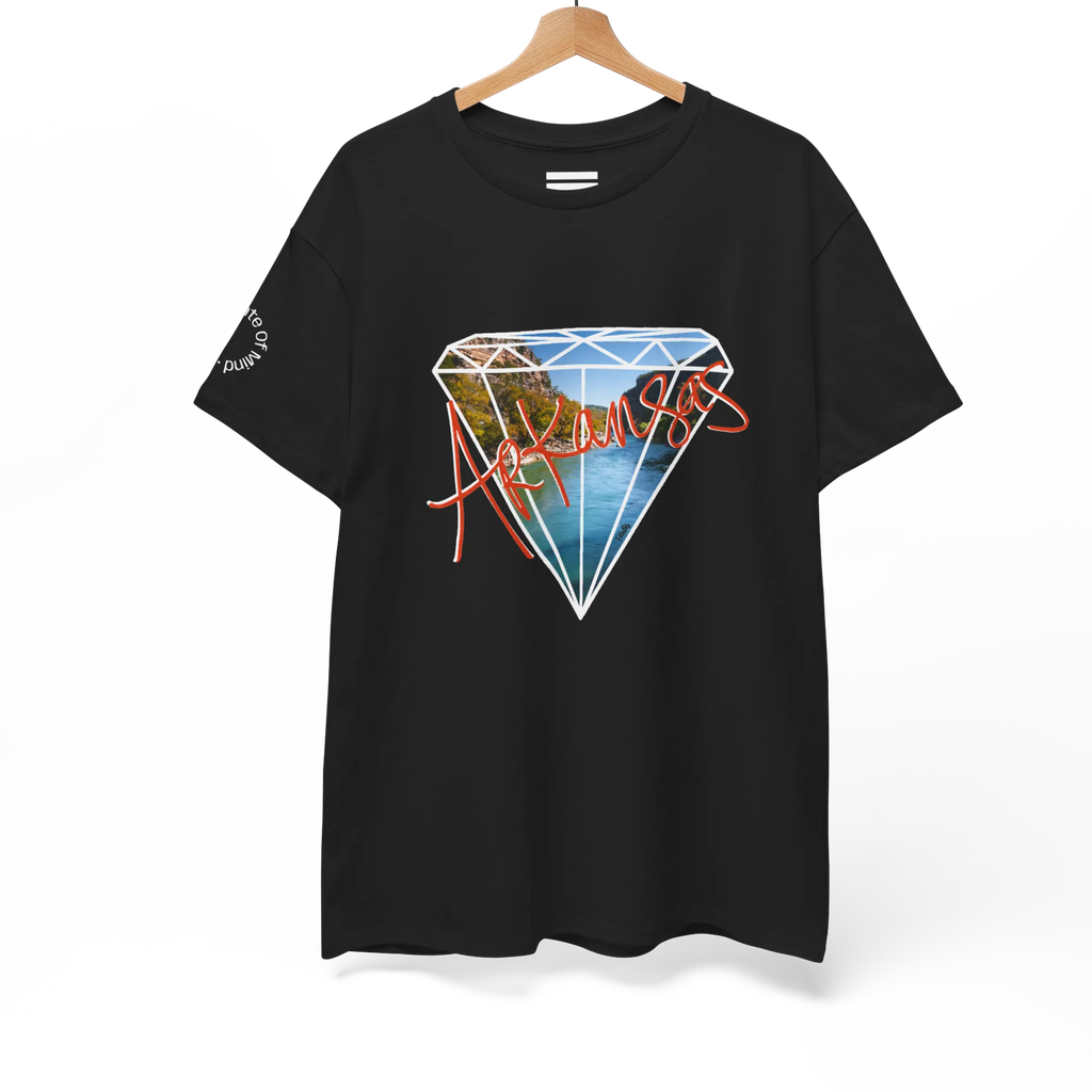 A black FREEBRD Natural State of Mind t-shirt on a hanger displaying the white diamond graphic with Arkansas river photo fill and red 'Arkansas’ script.