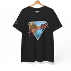 A black FREEBRD Natural State of Mind t-shirt on a hanger displaying the white diamond graphic with Arkansas river photo fill and red 'Arkansas’ script.