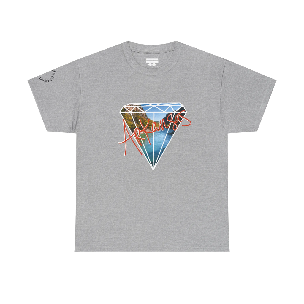 A sport grey t-shirt with a white diamond graphic, Arkansas river photo fill, red 'Arkansas' script, and 'Natural State of Mind' sleeve text.