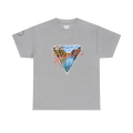 A sport grey t-shirt with a white diamond graphic, Arkansas river photo fill, red 'Arkansas' script, and 'Natural State of Mind' sleeve text.
