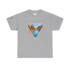A sport grey t-shirt with a white diamond graphic, Arkansas river photo fill, red 'Arkansas' script, and 'Natural State of Mind' sleeve text.
