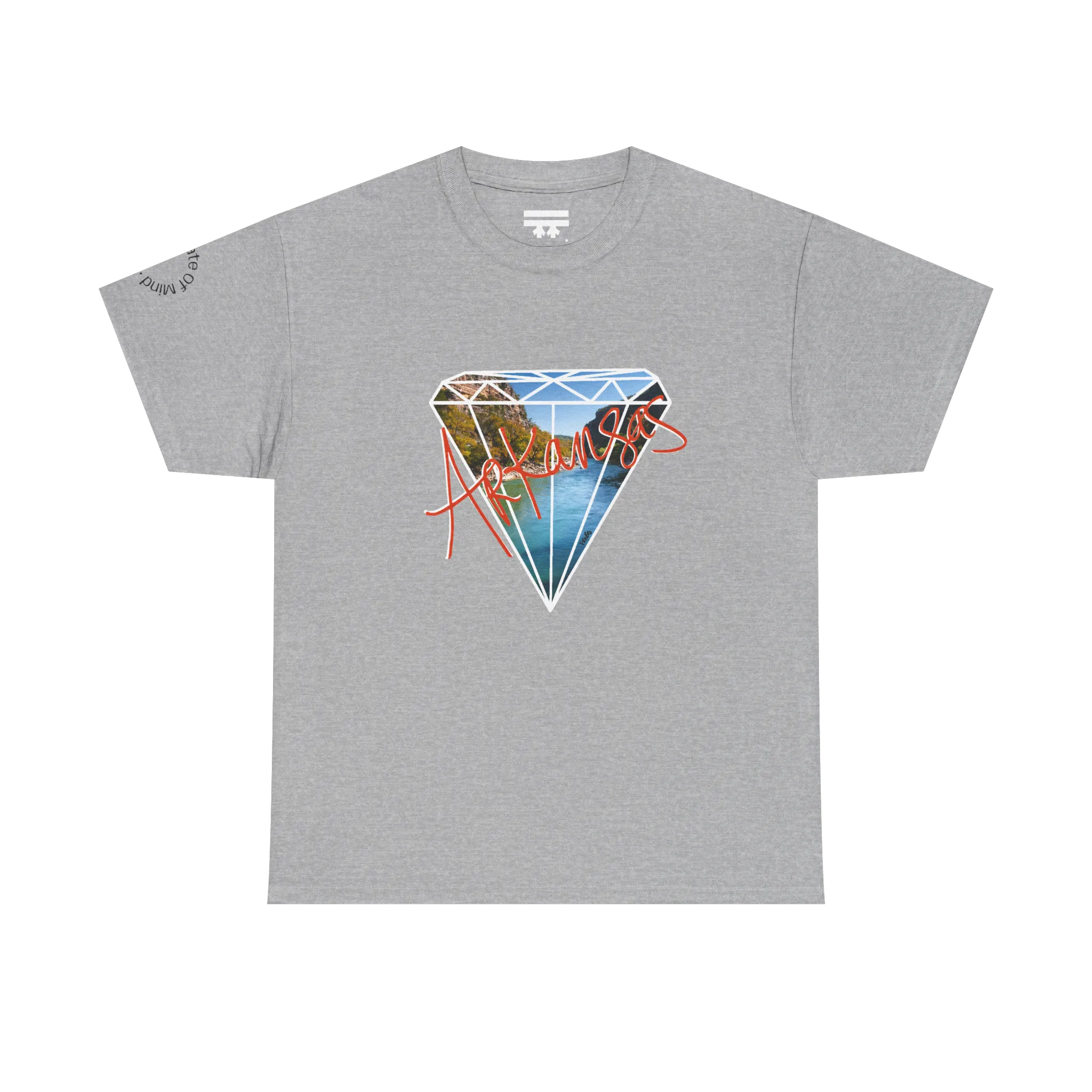 A sport grey t-shirt with a white diamond graphic, Arkansas river photo fill, red 'Arkansas' script, and 'Natural State of Mind' sleeve text.