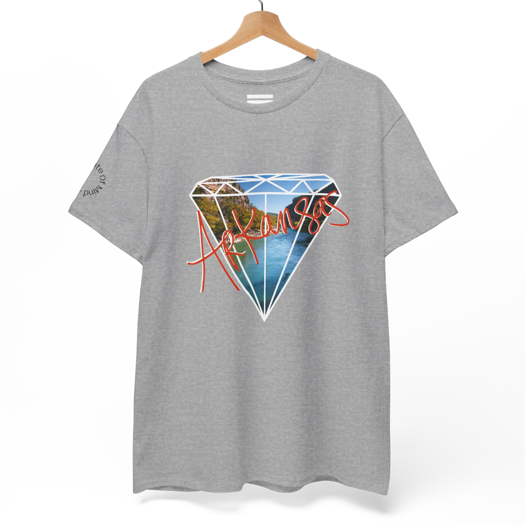 A sport grey FREEBRD Natural State of Mind t-shirt on a hanger displaying the white diamond graphic with Arkansas river photo fill and red 'Arkansas’ script.