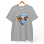 A sport grey FREEBRD Natural State of Mind t-shirt on a hanger displaying the white diamond graphic with Arkansas river photo fill and red 'Arkansas’ script.
