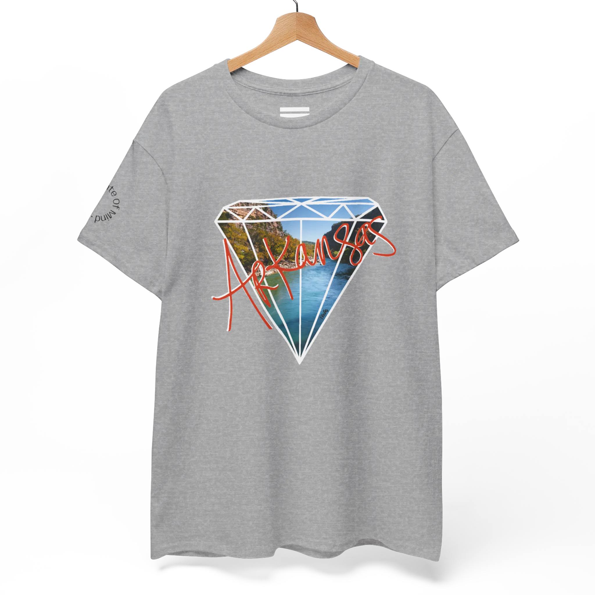 A sport grey FREEBRD Natural State of Mind t-shirt on a hanger displaying the white diamond graphic with Arkansas river photo fill and red 'Arkansas’ script.