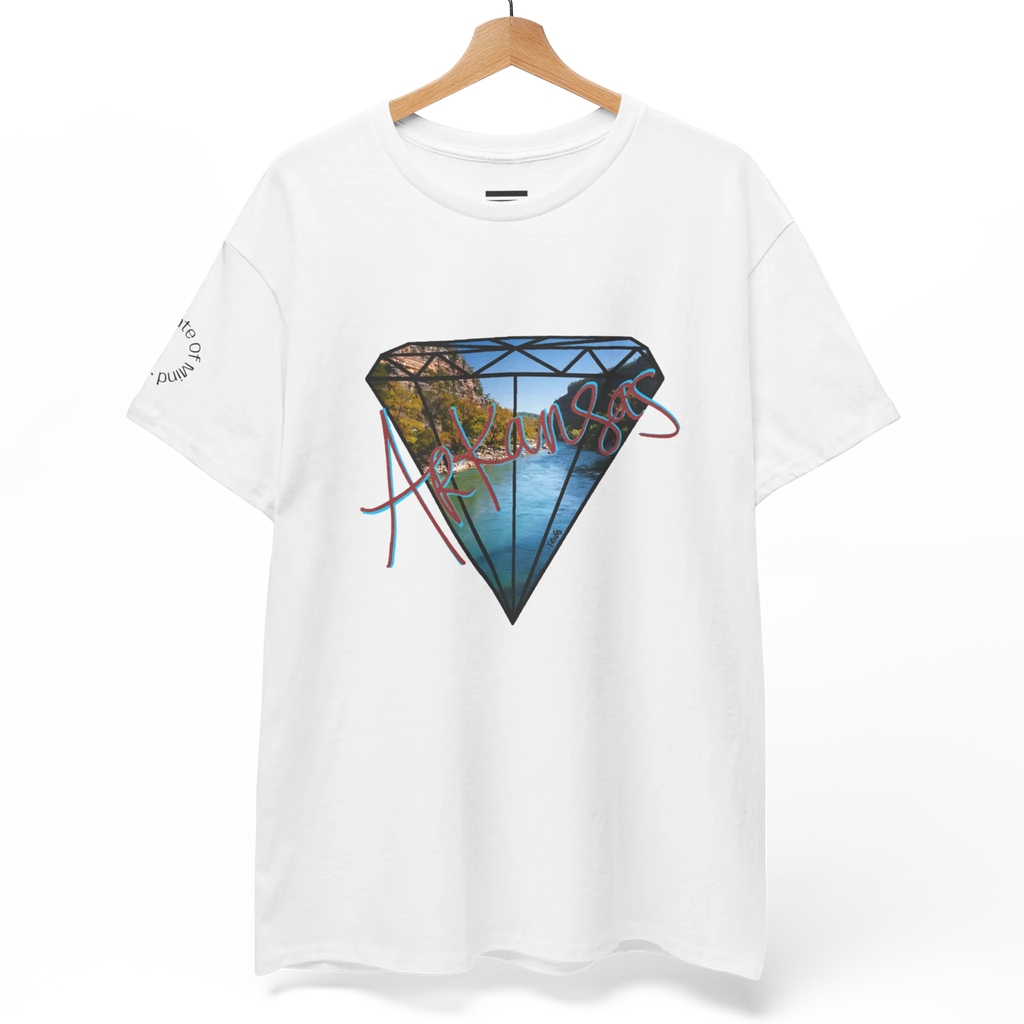A white FREEBRD Natural State of Mind t-shirt on a hanger displaying the white diamond graphic with Arkansas river photo fill and red 'Arkansas’ script.