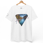 A white FREEBRD Natural State of Mind t-shirt on a hanger displaying the white diamond graphic with Arkansas river photo fill and red 'Arkansas’ script.