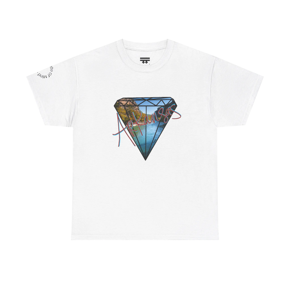A white t-shirt with a white diamond graphic, Arkansas river photo fill, red 'Arkansas' script, and 'Natural State of Mind' sleeve text.