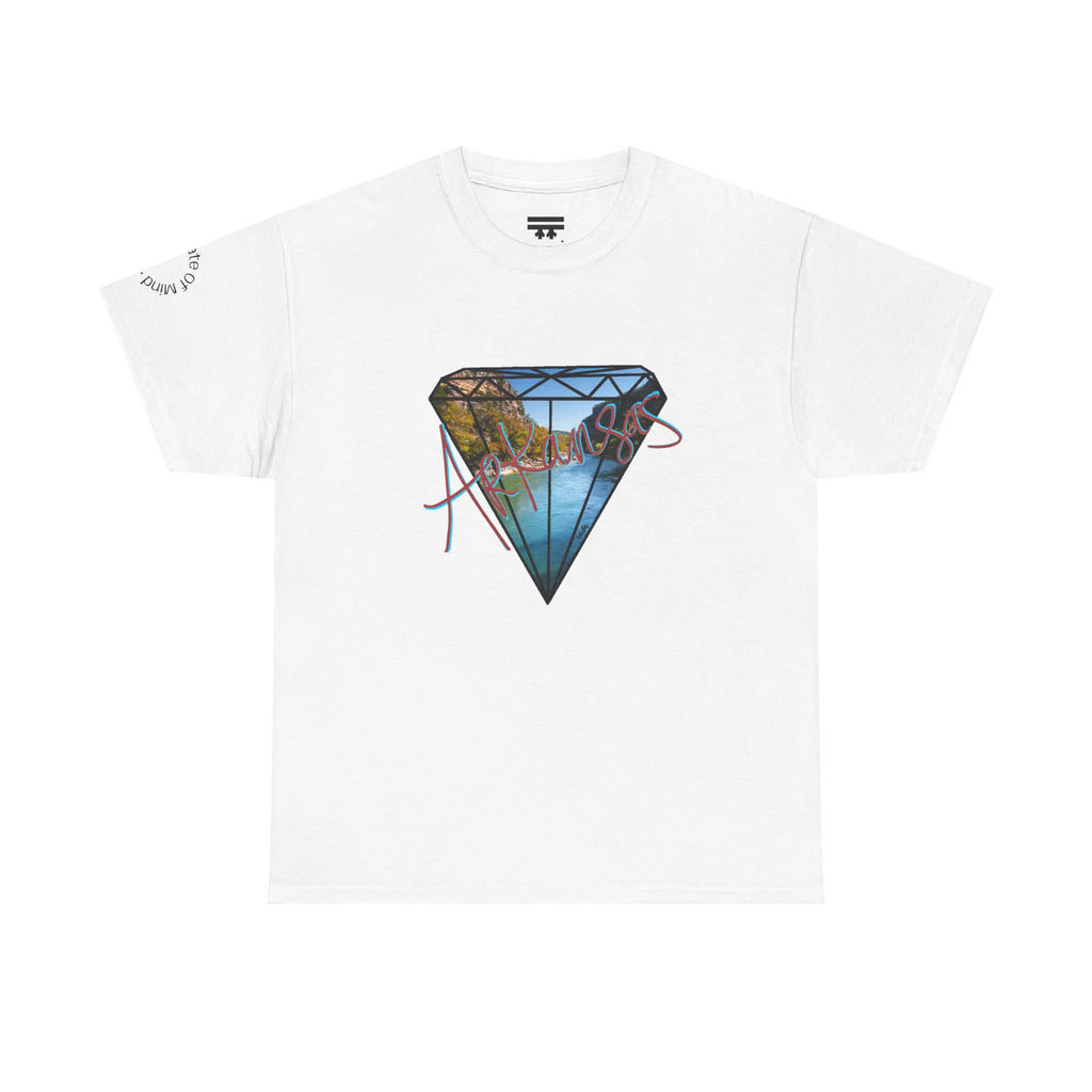 A white t-shirt with a white diamond graphic, Arkansas river photo fill, red 'Arkansas' script, and 'Natural State of Mind' sleeve text.