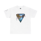 A white t-shirt with a white diamond graphic, Arkansas river photo fill, red 'Arkansas' script, and 'Natural State of Mind' sleeve text.