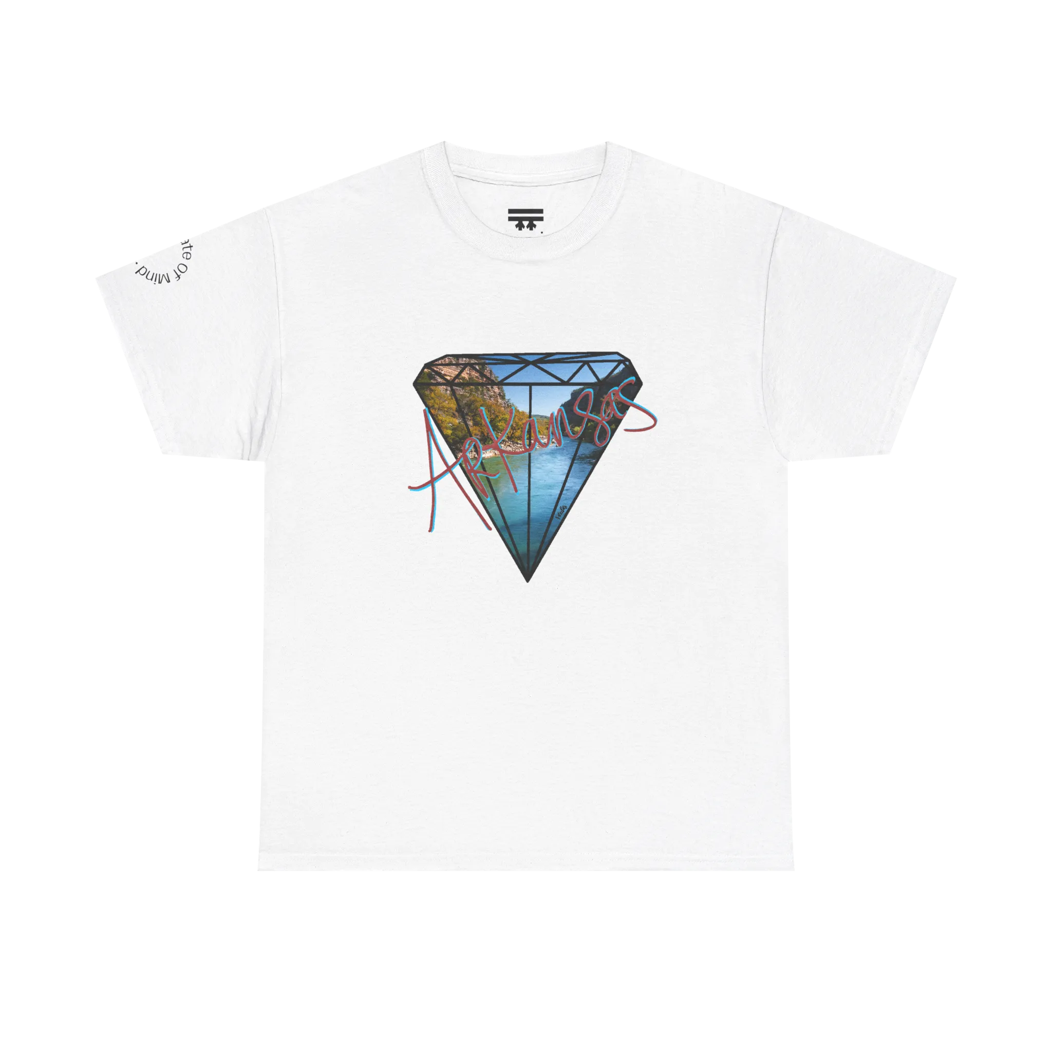 A white t-shirt with a white diamond graphic, Arkansas river photo fill, red 'Arkansas' script, and 'Natural State of Mind' sleeve text.