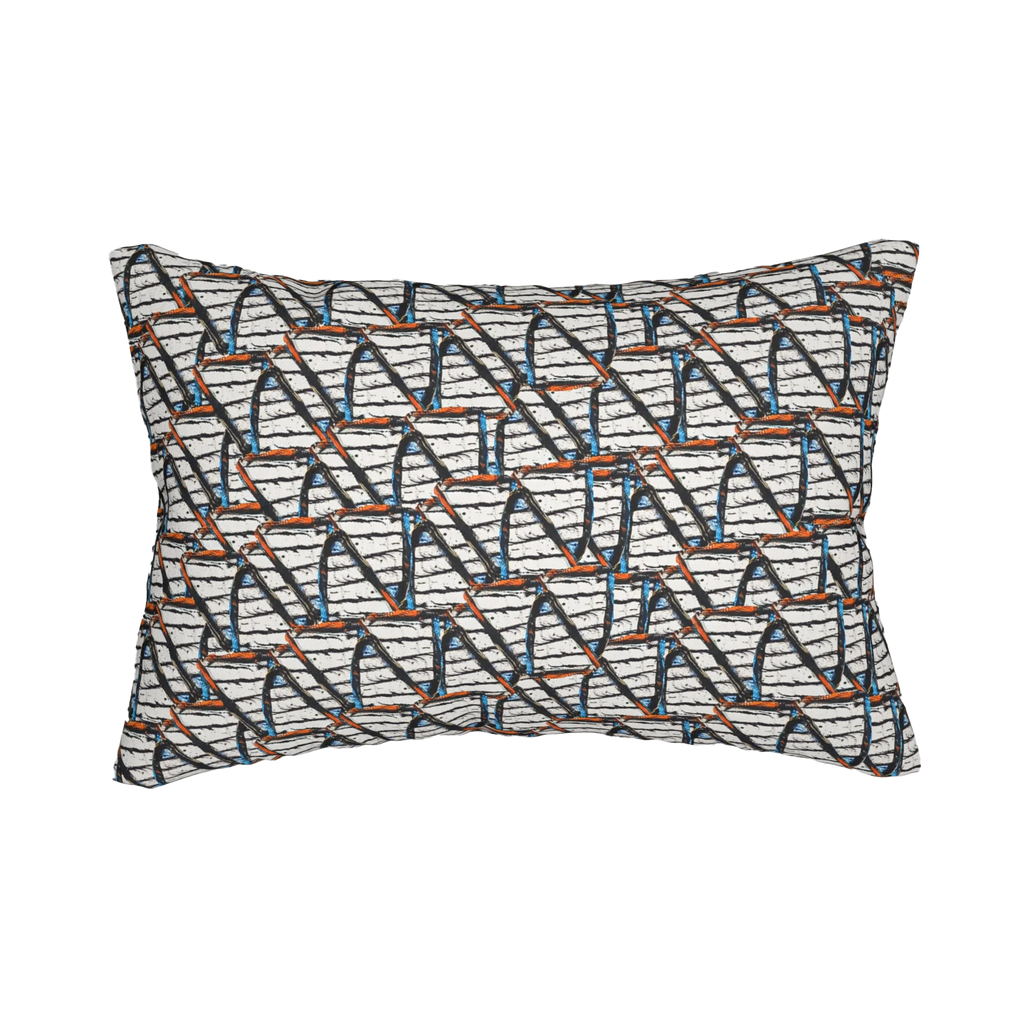 Nautical stripes pattern lumbar pillow, back view.