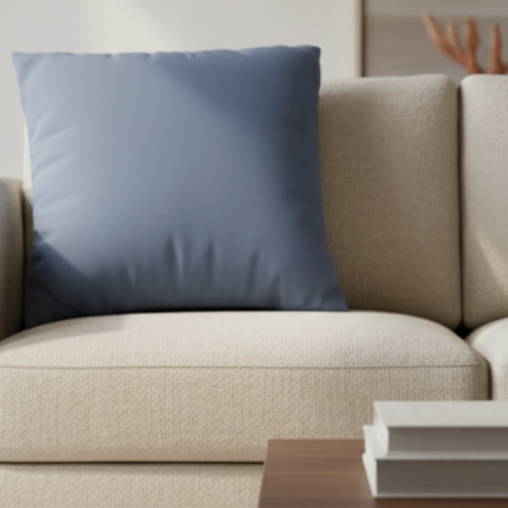 Navy dust faux suede pillow case styled on a couch in a modern minimalist living room.