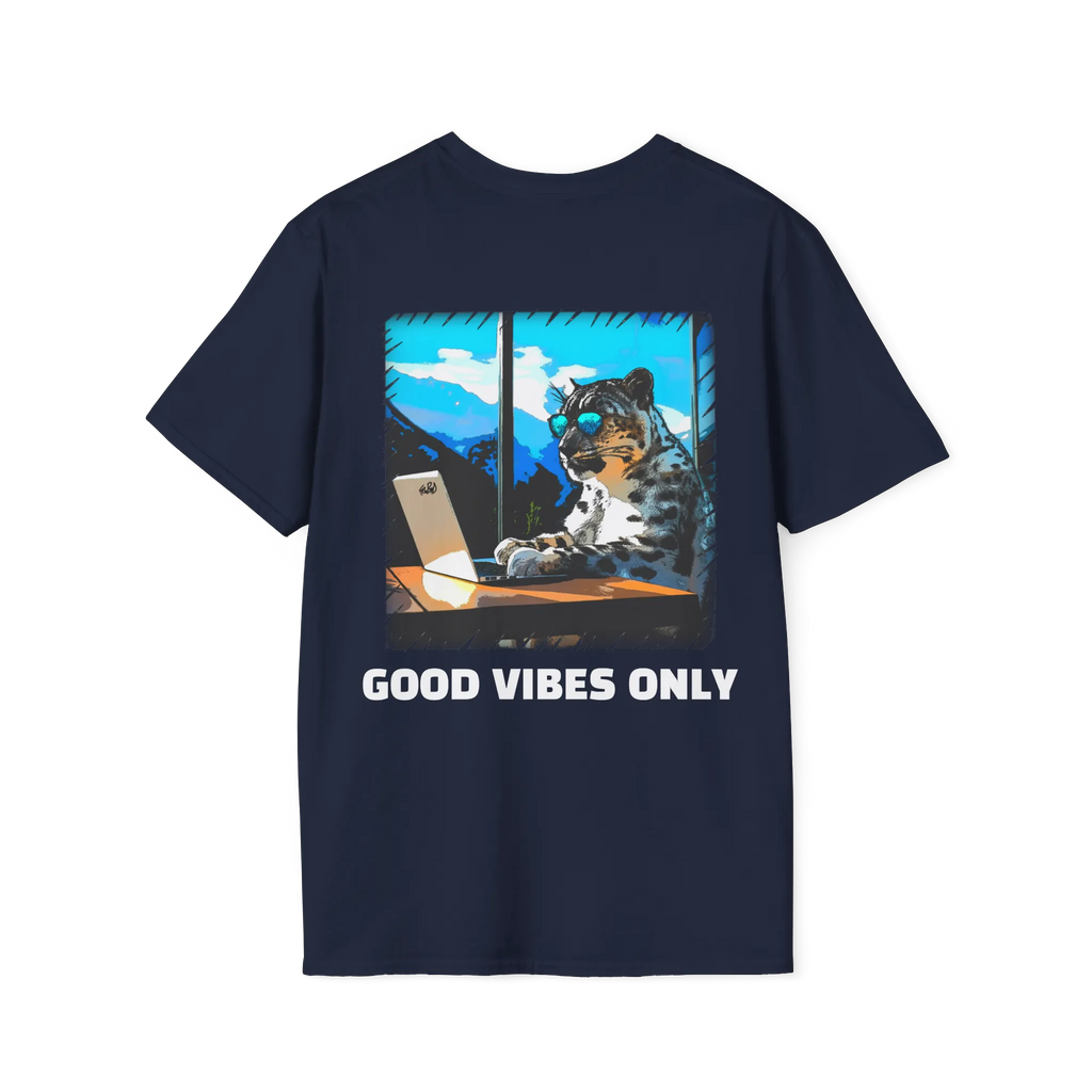 A navy t-shirt featuring a snow leopard in sunglasses at a laptop graphic with white Good Vibes Only text on the back.