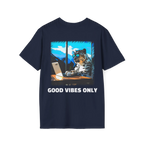 A navy t-shirt featuring a snow leopard in sunglasses at a laptop graphic with white Good Vibes Only text on the back.