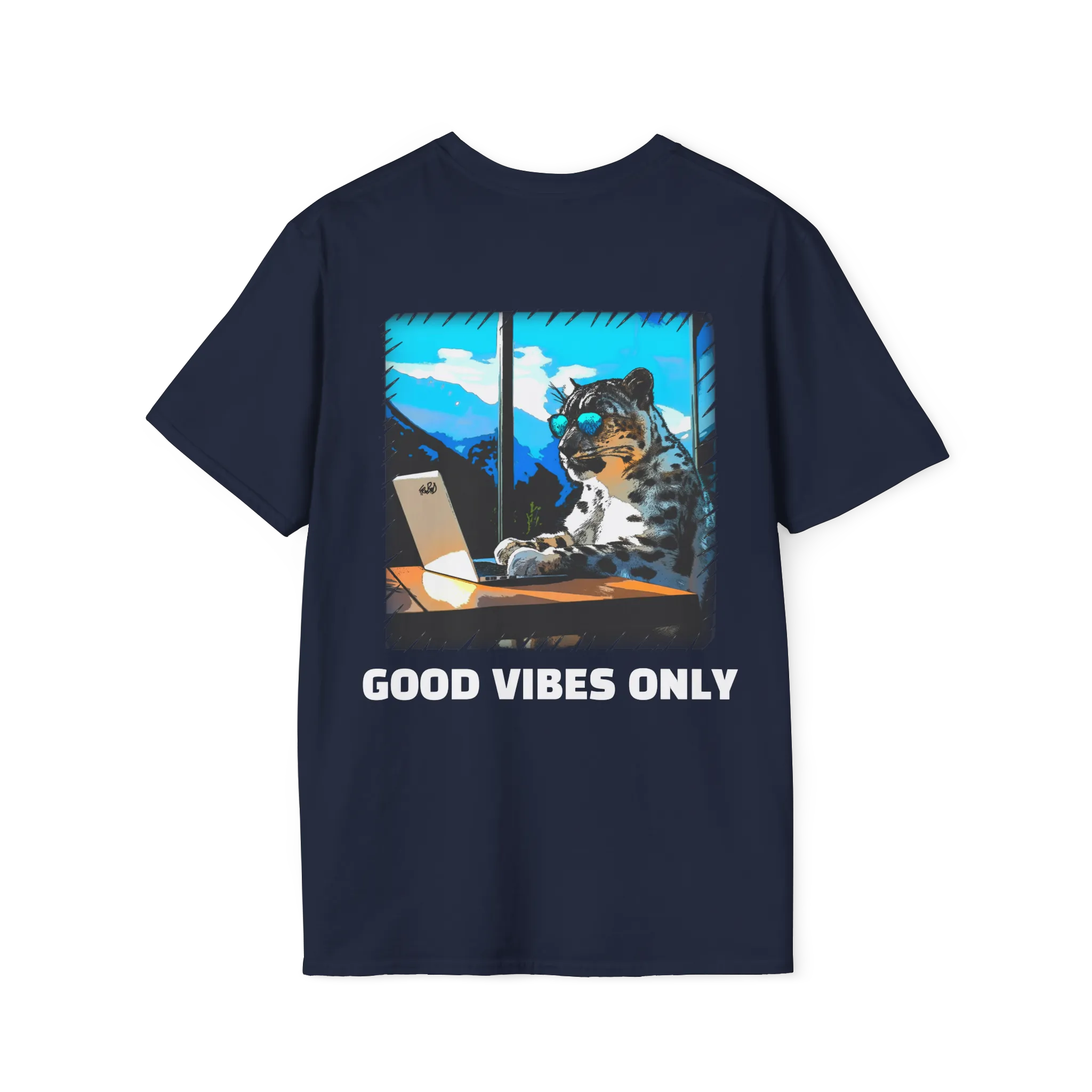 A navy t-shirt featuring a snow leopard in sunglasses at a laptop graphic with white Good Vibes Only text on the back.
