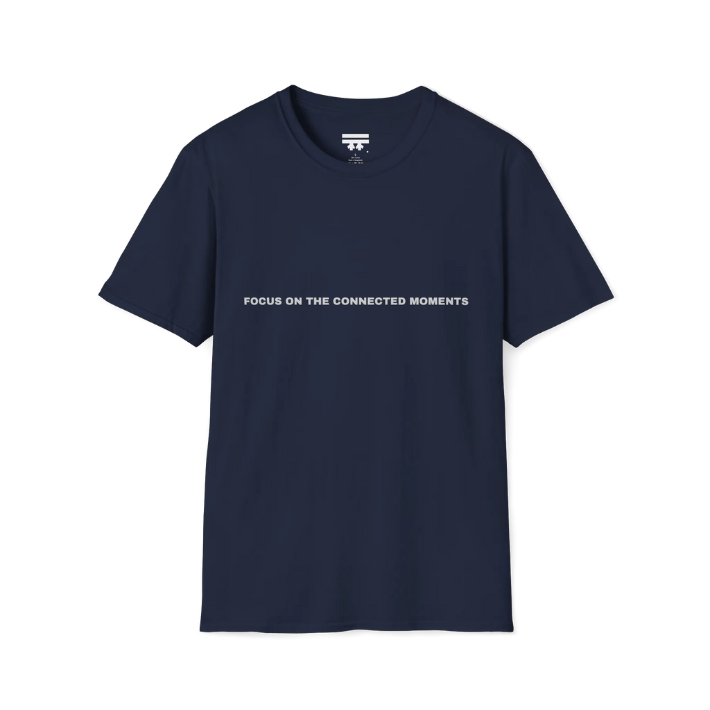 A navy t-shirt with white Focus On The Connected Moments text on the chest.