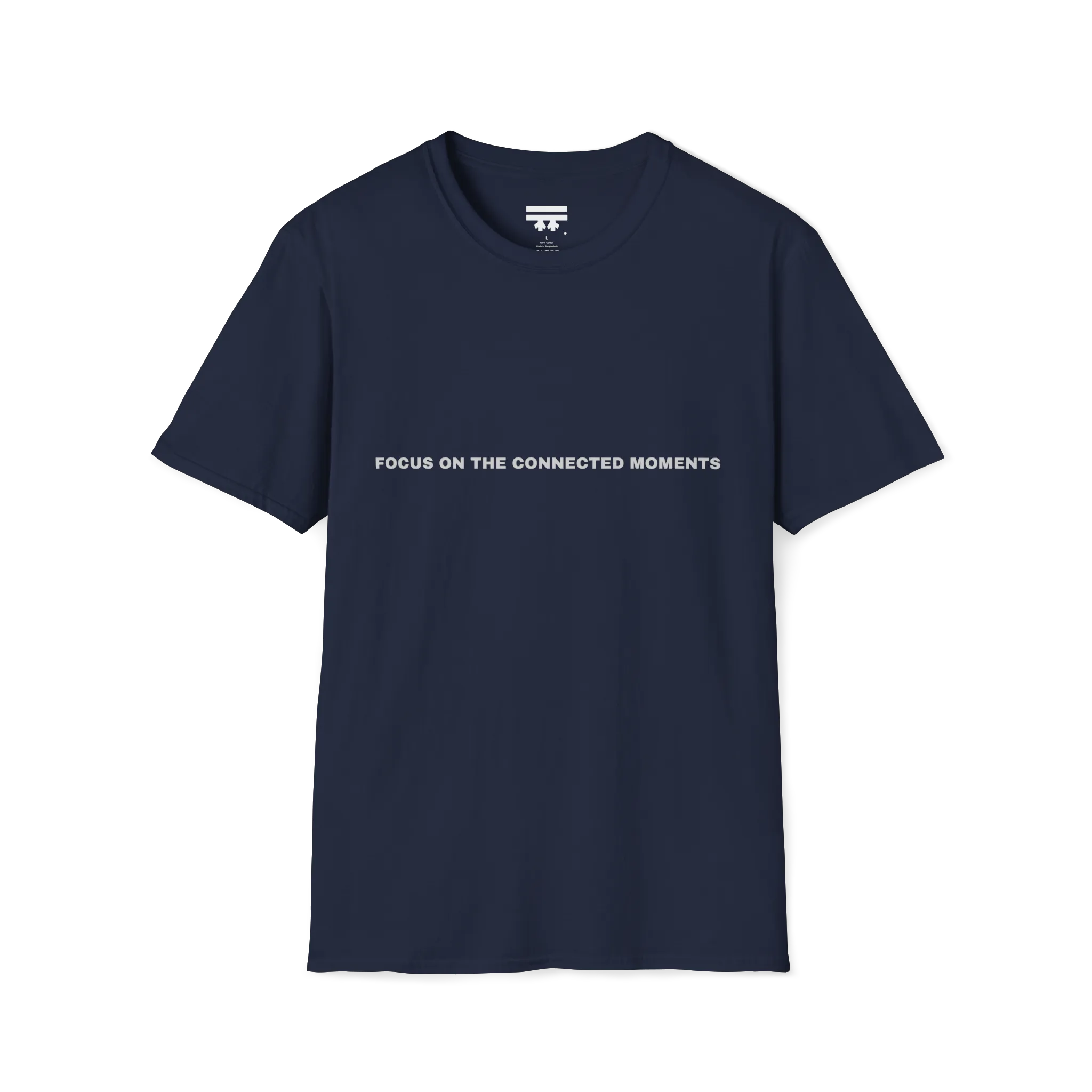 A navy t-shirt with white Focus On The Connected Moments text on the chest.
