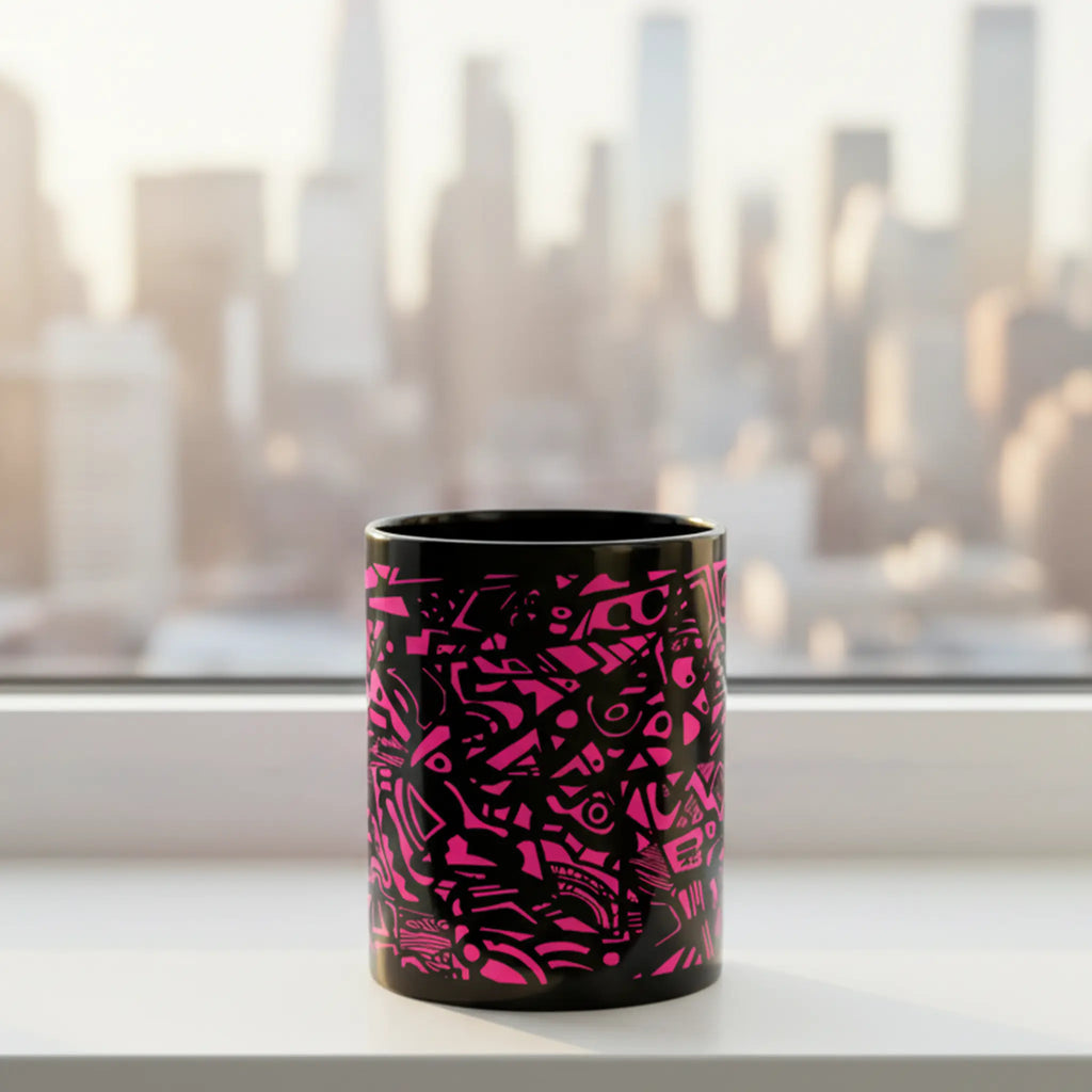 Freebrd Medicolo neon pink abstract black ceramic mug sitting on a windowsill with soft golden sunrise light and blurred urban city skyline in the background.