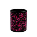 Freebrd Medicolo neon pink abstract geometric pattern on a glossy black 11oz ceramic mug, front view.