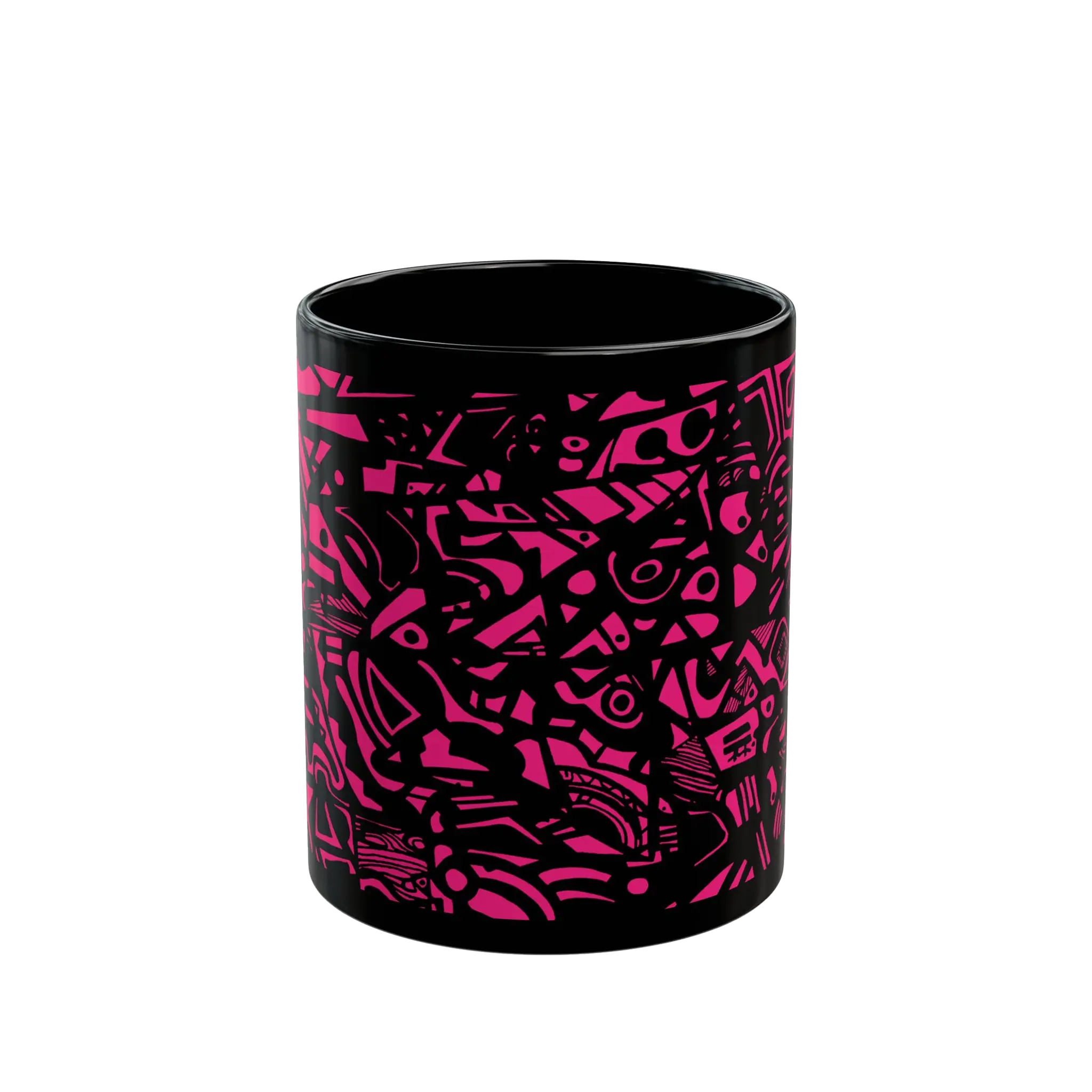 Freebrd Medicolo neon pink abstract geometric pattern on a glossy black 11oz ceramic mug, front view.