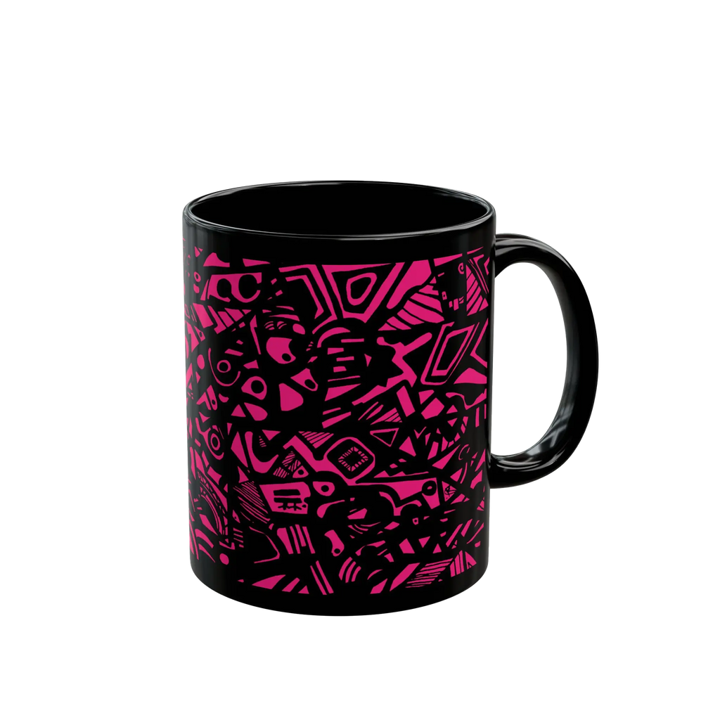 Freebrd Medicolo neon pink abstract geometric pattern on a glossy black 11oz ceramic mug, left view.