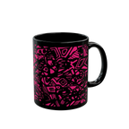 Freebrd Medicolo neon pink abstract geometric pattern on a glossy black 11oz ceramic mug, left view.