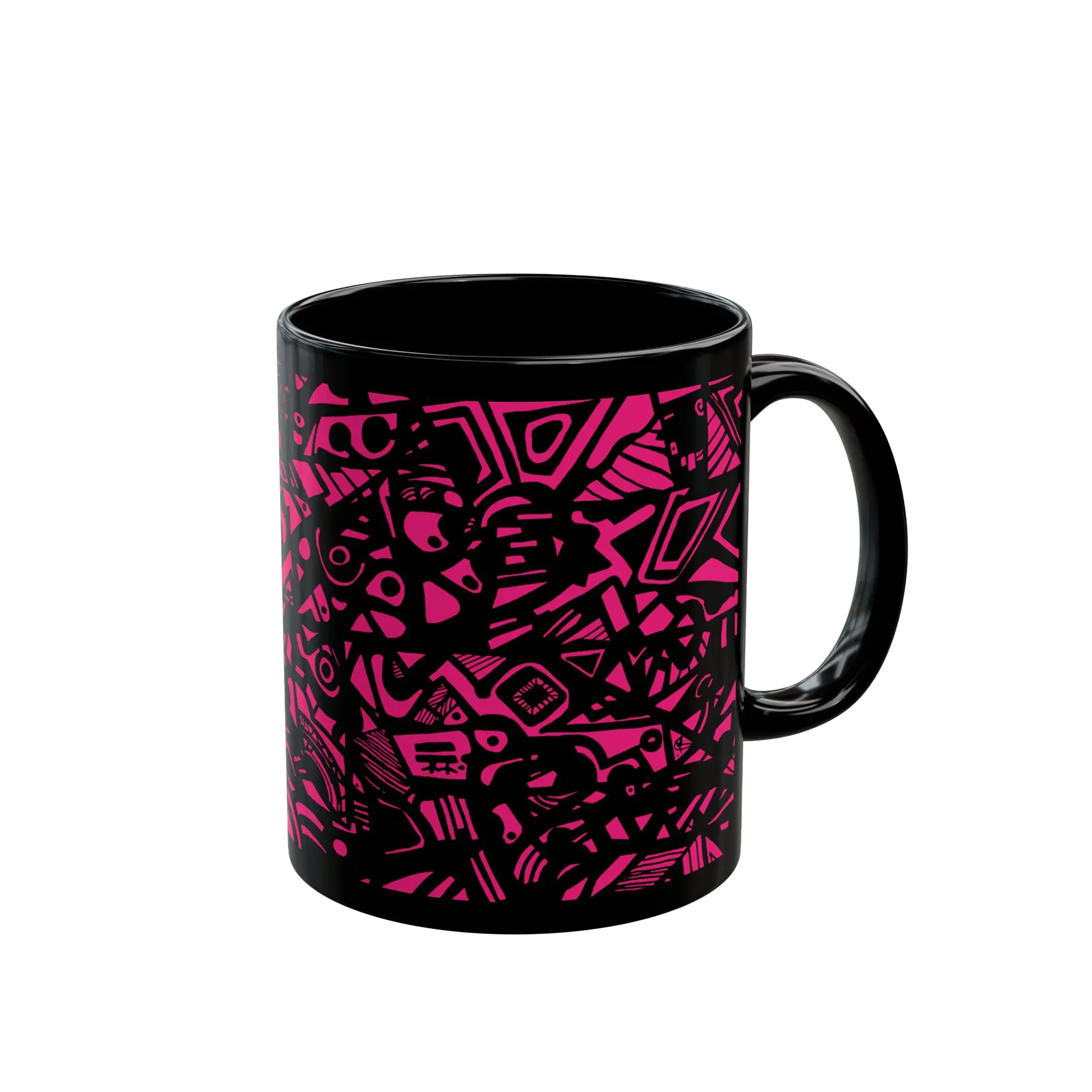Freebrd Medicolo neon pink abstract geometric pattern on a glossy black 11oz ceramic mug, left view.