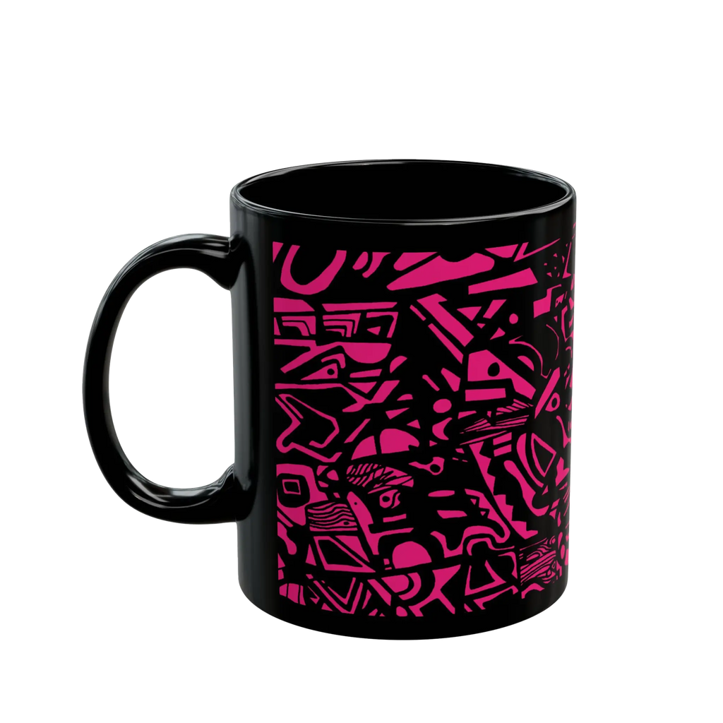 Freebrd Medicolo neon pink abstract geometric pattern on a glossy black 11oz ceramic mug, right view.