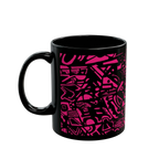 Freebrd Medicolo neon pink abstract geometric pattern on a glossy black 11oz ceramic mug, right view.