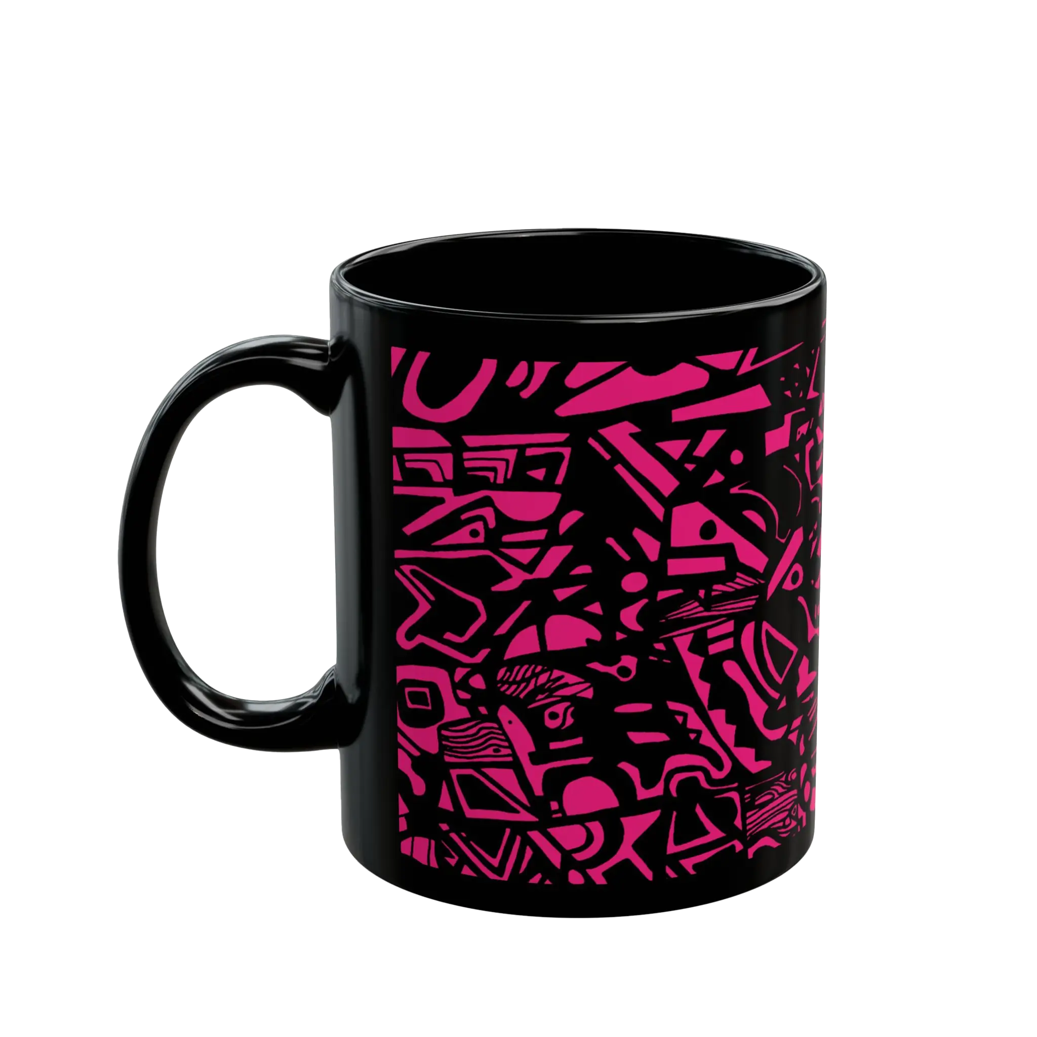 Freebrd Medicolo neon pink abstract geometric pattern on a glossy black 11oz ceramic mug, right view.