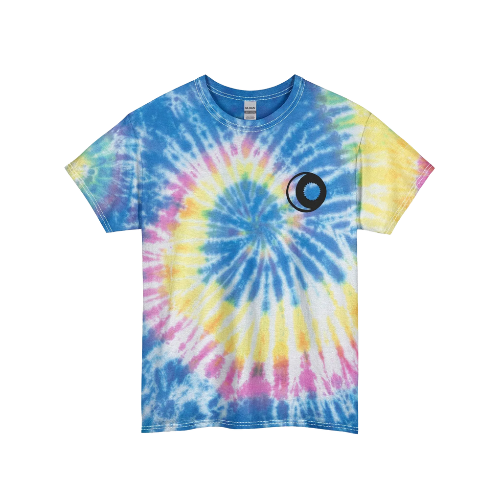 A neon rainbow spiral tie-dye t-shirt with a pink, yellow, and blue spiral pattern featuring a sun and moon graphic on the front.