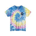 A neon rainbow spiral tie-dye t-shirt with a pink, yellow, and blue spiral pattern featuring a sun and moon graphic on the front.