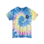 A neon rainbow spiral tie-dye t-shirt with a pink, yellow, and blue spiral pattern featuring a sun and moon graphic on the front.