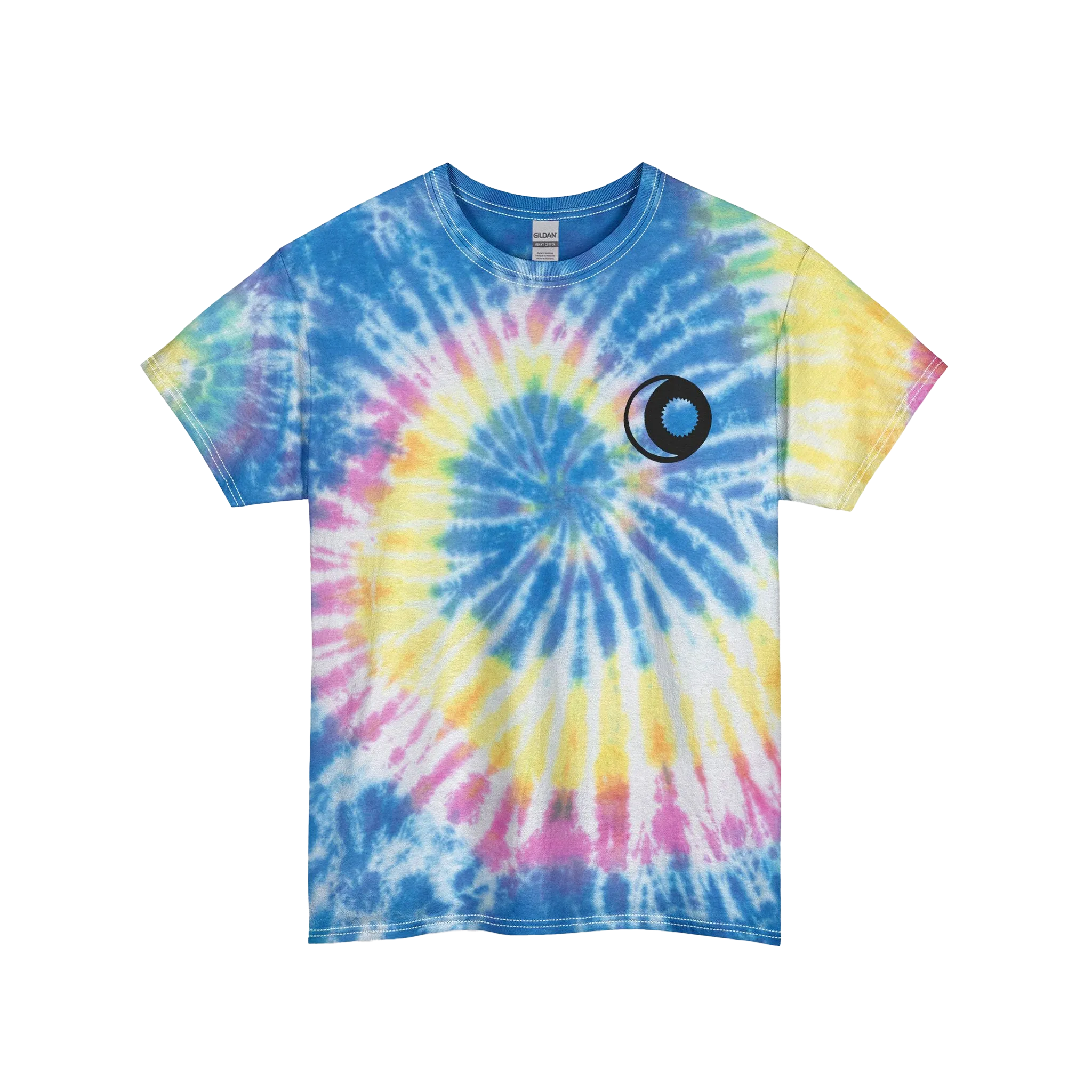 A neon rainbow spiral tie-dye t-shirt with a pink, yellow, and blue spiral pattern featuring a sun and moon graphic on the front.